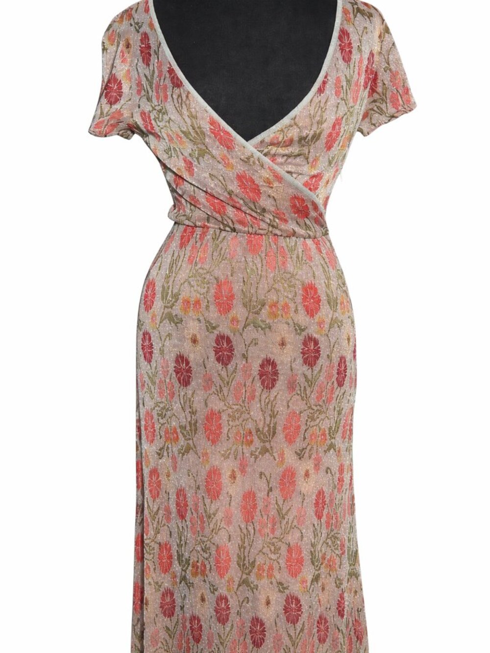 Floral Pink/Subtle Metallic Faux Wrap Silhouette Maxi Dress with Short Sleeves